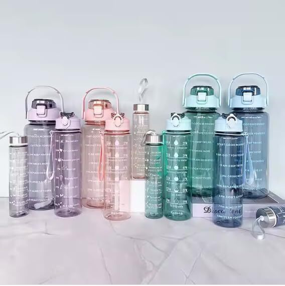 Plastic Set Of 3 Water Bottle 2000ML, 900ML, 300ML With Motivational Time Marker, Leakproof Durable Sipper Water Bottle For Office, School, Gym