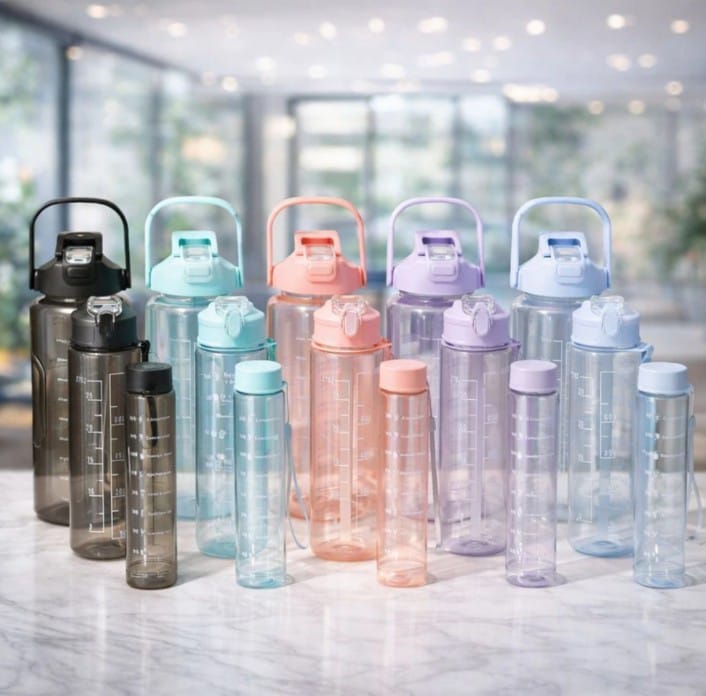 Plastic Set Of 3 Water Bottle 2000ML, 900ML, 300ML With Motivational Time Marker, Leakproof Durable Sipper Water Bottle For Office, School, Gym