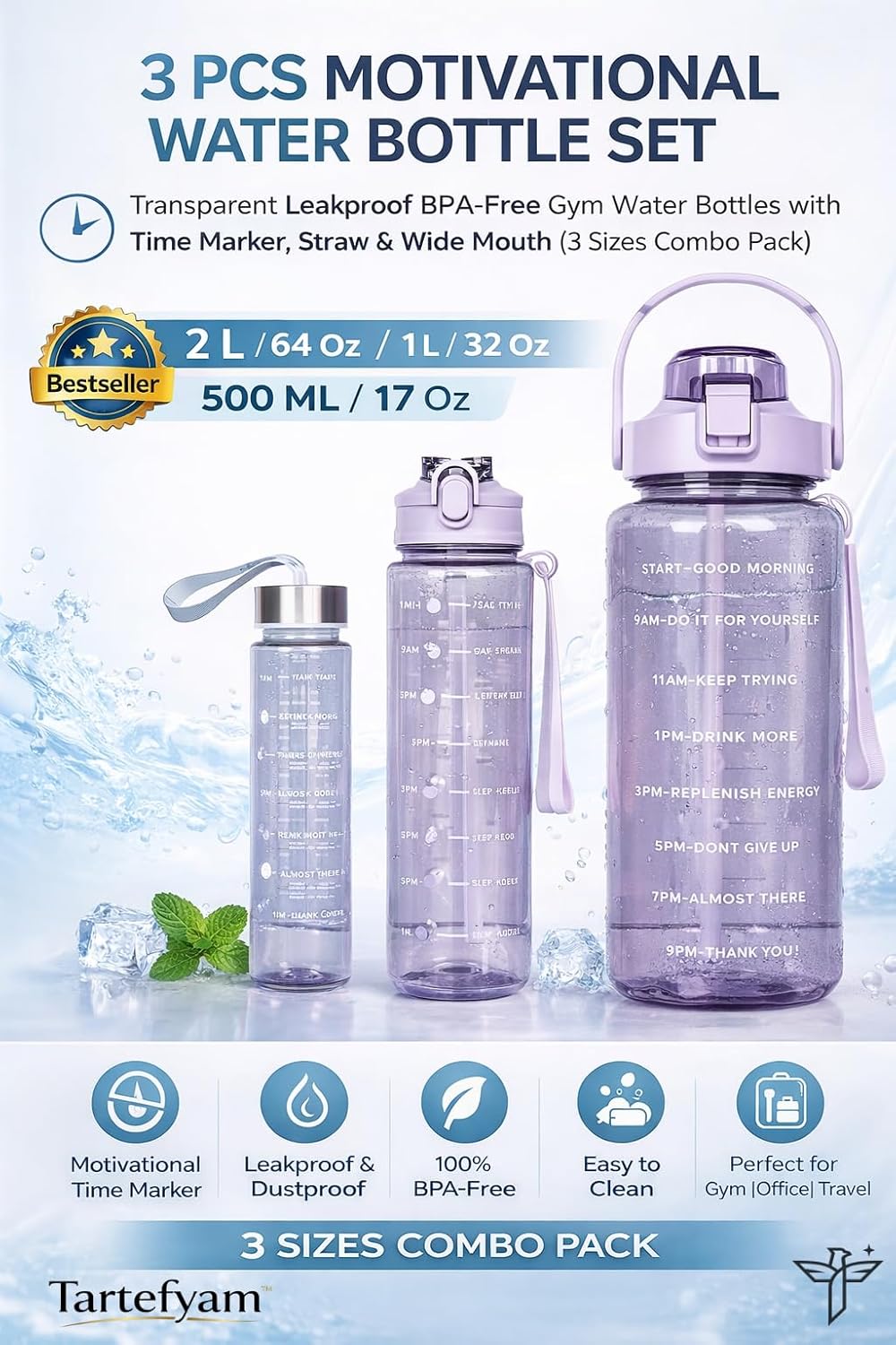 Plastic Set Of 3 Water Bottle 2000ML, 900ML, 300ML With Motivational Time Marker, Leakproof Durable Sipper Water Bottle For Office, School, Gym