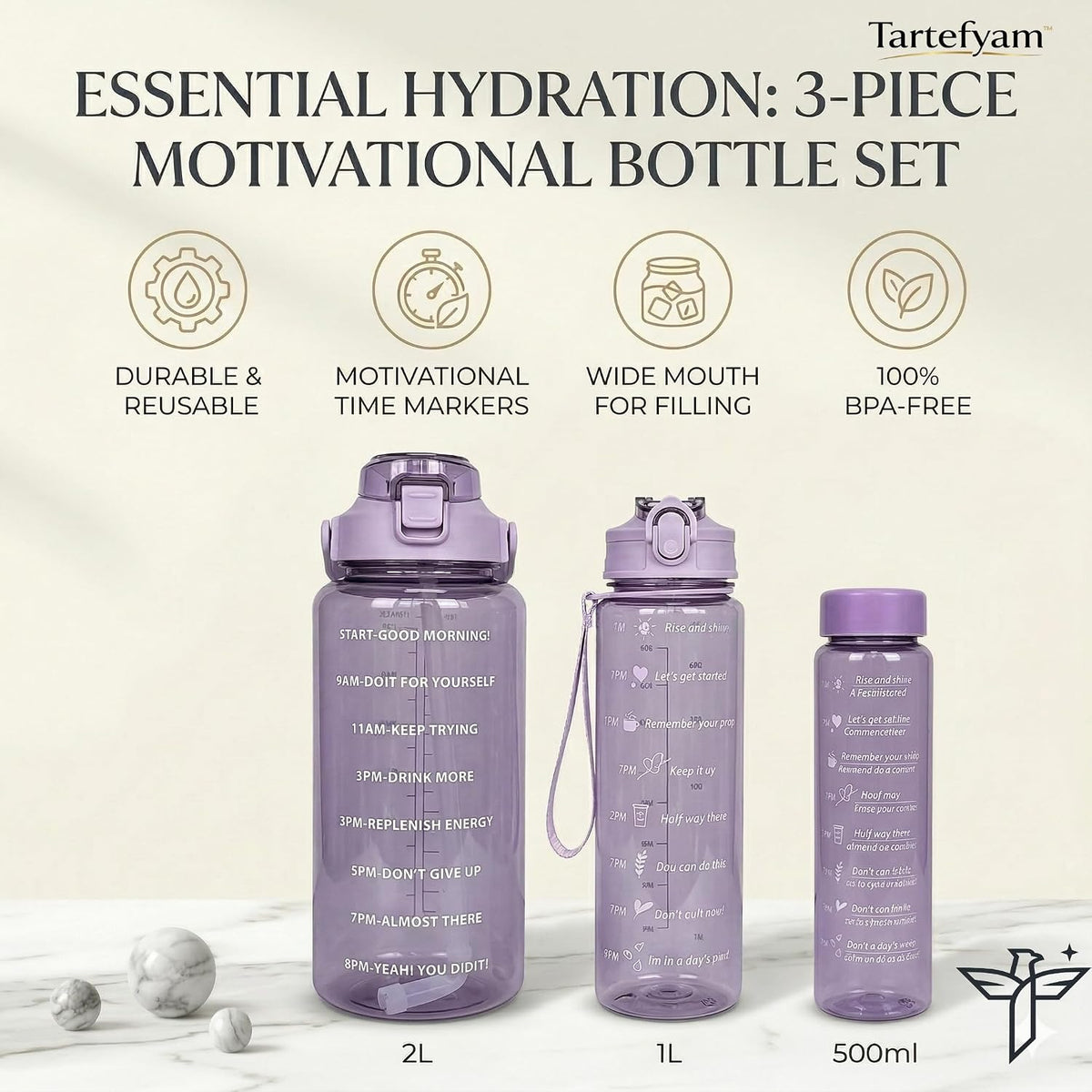 Plastic Set Of 3 Water Bottle 2000ML, 900ML, 300ML With Motivational Time Marker, Leakproof Durable Sipper Water Bottle For Office, School, Gym